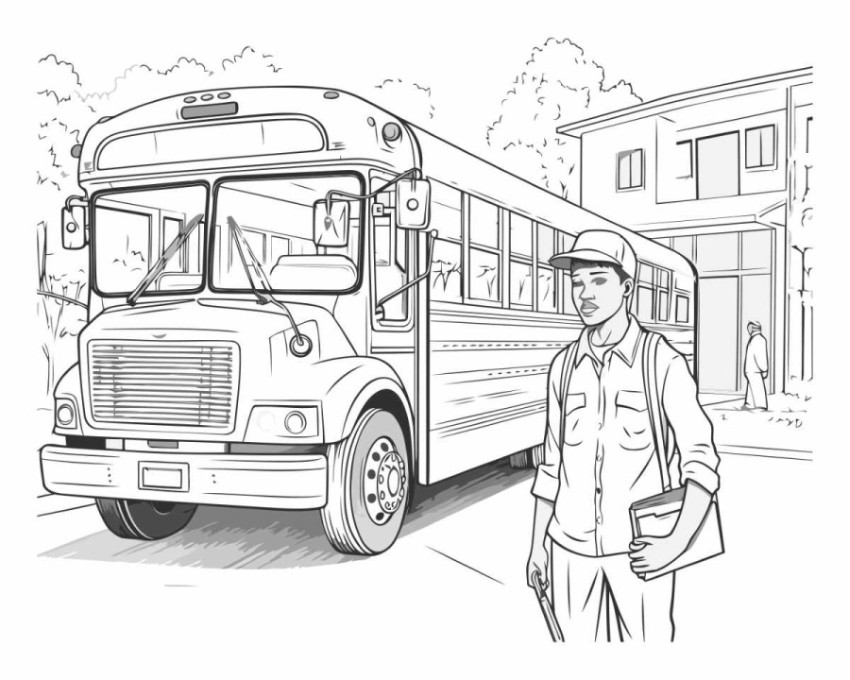 Hand drawn vector illustration of a bus driver and his school bu