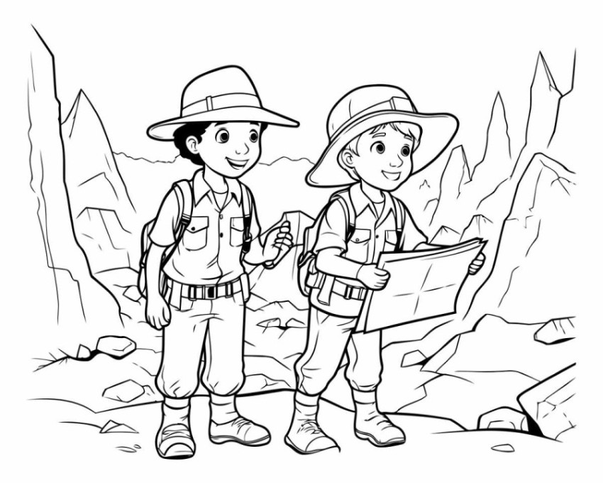 Black and White Cartoon Illustration of Boy and Girl Hiking or E