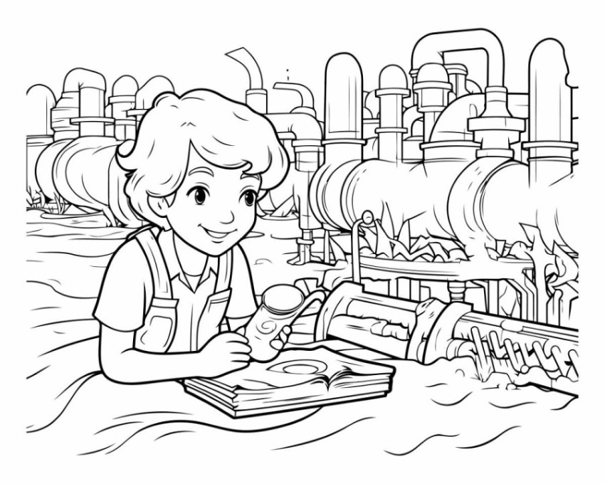 Black and White Cartoon Illustration of Kid Boy Cleaning Factory