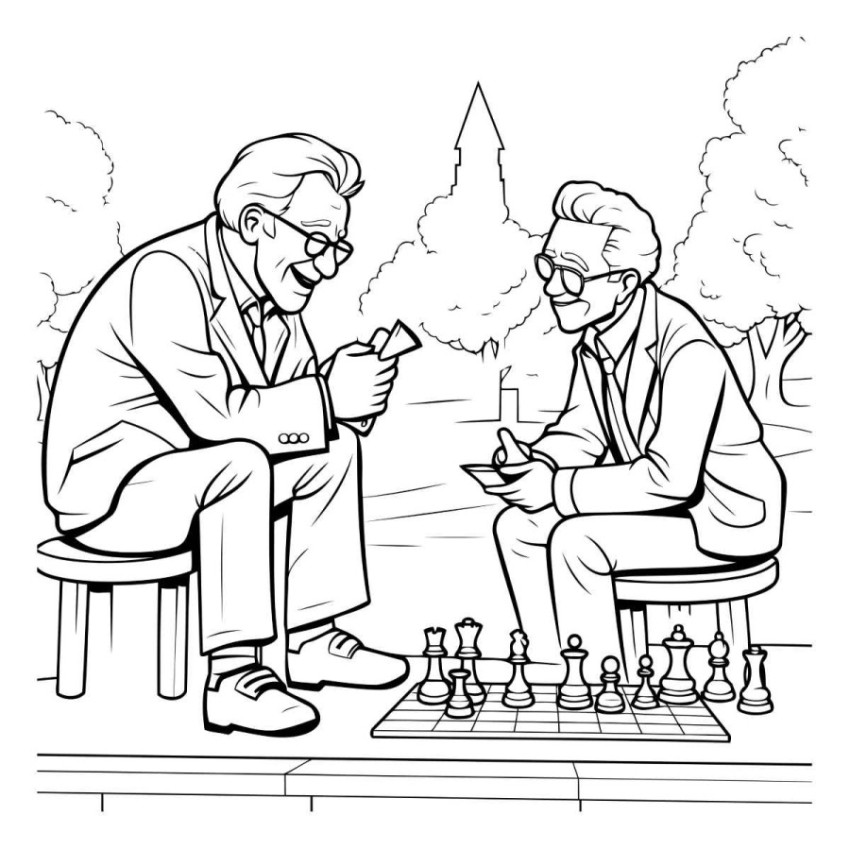 Black and White Cartoon Illustration of Senior Couple Playing Ch